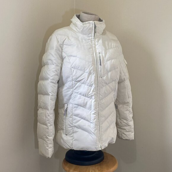 White "Eddie Bauer" Down jacket, removable hood with faux fur trim - Picture 3 of 16